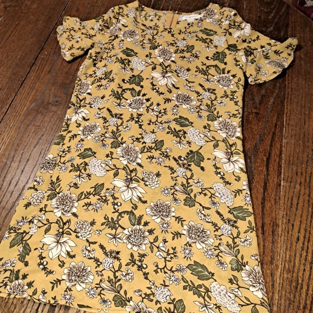 Size 12 14 Mini Molly Short Butterfly Sleeve Gold Green Floral Mini Dress